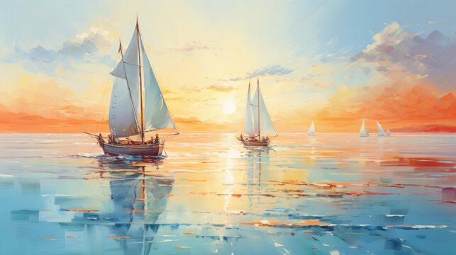 A seascape with sailboats, watercolor, splatter effect, bright colors. AI Generative