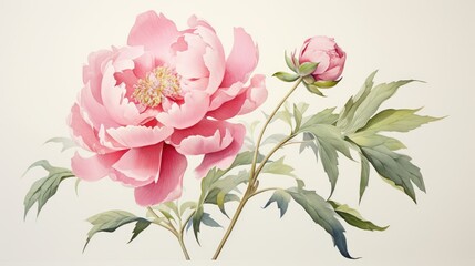 A stunning watercolor of a peony flower with a light green background. AI Generative