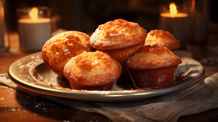 A plate of freshly baked muffins, glistening with melted butter and sprinkled with cinnamon and sugar