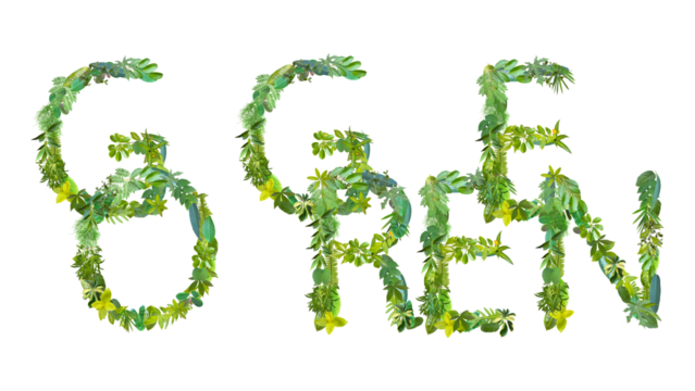 word or symbol of Go Green made from various kinds of leaves isolated on transparent background, suitable for template go green concept, PNG