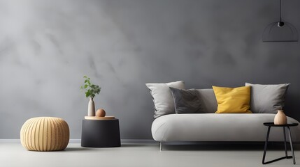 a couch on a grey wall with yellow pillows, in the style of zen minimalism, textured shading, simplicity, monochromatic color palettes, rich, painterly surfaces, polished concrete