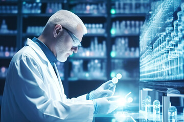 Photo of a scientist analyzing data on a tablet in a laboratory