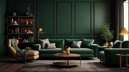 Living room, monochrome dark green colors. Interior design