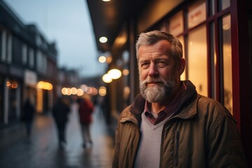 Portrait of a senior man walking in the city street at night.