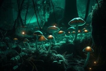 A cluster of toxic glowing mushrooms growing in an enigmatic forest. Generative AI