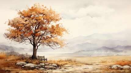 A tree in autumn, watercolor, spatter effect, warm tones. AI Generative