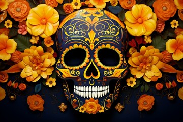 Hispanic heritage skull marigold festive Day of the Dead background. Generative AI