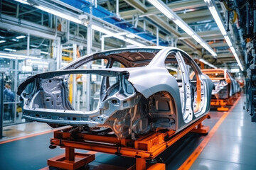 Fototapeta premium Car production line. Assembling a car on a conveyor belt. Close-up of a car body. Automotive industry Interior of a high-tech factory, modern production.