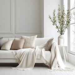 white couch with grey throw pillows in front of a window, in the style of light beige and light amber, monochrome toning, detailed foliage, neoclassical clarity, monochromatic palettes
