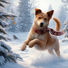 An AI illustration of there is a dog that has his mouth open and running in the snow - obrazy, fototapety, plakaty
