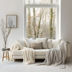 white couch with grey throw pillows in front of a window, in the style of light beige and light amber, monochrome toning, detailed foliage, neoclassical clarity, monochromatic palettes