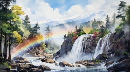 Fototapeta na wymiar A watercolor of a roaring waterfall with a rainbow in the mist. AI Generative