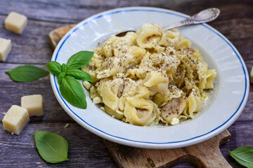 Home made Italian   Tortelloni  bolognese with  parmesan cheese filled with  beef ,  tomato and mozzarella cheese, decorated with fresh basil