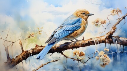 A watercolor painting of a bird perched on a branch with a blue sky in the background. AI Generative