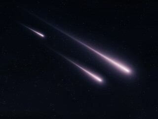 Meteor trails in the sky. Burning meteorites on a black background. Glowing fireballs at night, shooting stars.