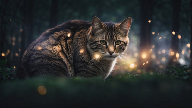 Bellissimo gatto con folta pelliccia in un bosco con con raggi di luce