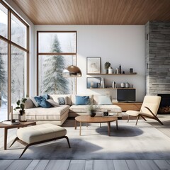 modern and organic living room interior furniture with wooden decor, in the style of ray tracing, american mid-century design, outdoor scenes, light white and light bronze, sun-soaked colours 