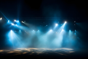 Stage and blue smoke night lighting in fog searchlight beams