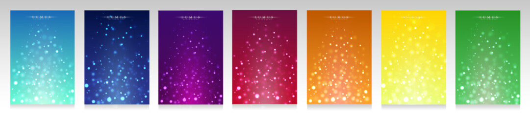 Sparkling cover set. Sparks and stars on colorful background. Blurred surface, bright and magical bohek effect for business, technology and special event.