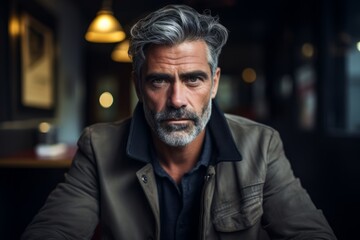 Portrait of a handsome mature man with gray hair and beard in a cafe. - obrazy, fototapety, plakaty