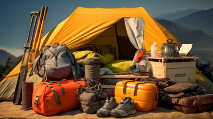 A pile of camping equipment, with a tent and sleeping bag nearby