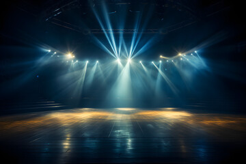 An empty stage club with blue and yellow bright stage lights and lights beams through a smoky atmosphere background - obrazy, fototapety, plakaty