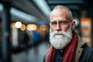 Portrait of a senior man with white beard and glasses in a shopping center