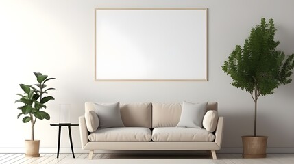 a minimalist living room with a blank frame and a plant near the sofa, in the style of light gray and light beige, large canvas sizes, minimalist backgrounds, japanese minimalism, anti-clutter