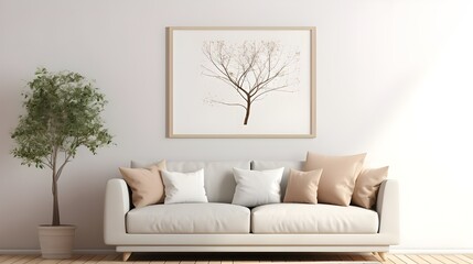 a minimalist living room with a blank frame and a plant near the sofa, in the style of light gray and light beige, large canvas sizes, minimalist backgrounds, japanese minimalism, anti-clutter