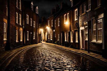 Nighttime on the cobbles at  Street in East Sussex - obrazy, fototapety, plakaty