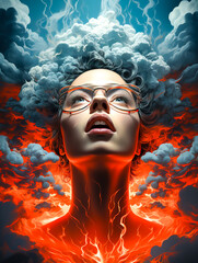 Woman with head in clouds and fire, elements concept.