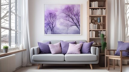 an image of a purple living room with white couches and white bookshelves framed in lavender, in the style of digital airbrushing, sumi-e inspired, ethereal trees, fine art nouveau, minimalist color