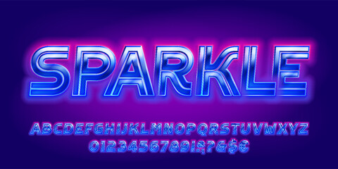 Sparkle alphabet font. Neon light 3d letters and numbers. Stock vector typescript for your design. - obrazy, fototapety, plakaty