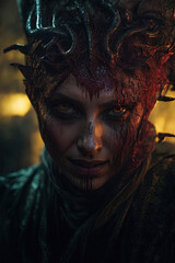 Scary zombie with bloody face outdoors, closeup. Halloween monster, ai generative