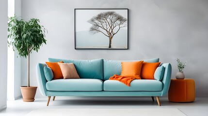 an orange sofa beside a green plant, in the style of light sky-blue and light aquamarine, minimalist canvases, multiple screens, dark crimson and light azure, minimalistic symmetry