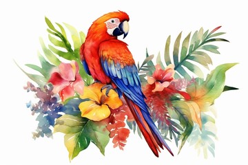 Watercolor painting of a vibrant tropical flower, accompanied by a parrot and lush palm leaves. The parrot is a beautiful red macaw. Generative AI