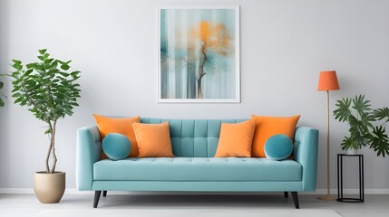an orange sofa beside a green plant, in the style of light sky-blue and light aquamarine, minimalist canvases, multiple screens, dark crimson and light azure, minimalistic symmetry