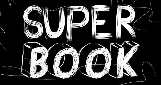 Super Book word animation of old chaotic film strip with grunge effect. Busy destroyed TV, video surface, vintage screen white scratches, cuts, dust and smudges.