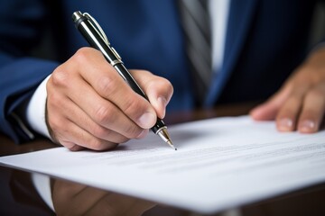 A close-up of a hand with an ink pen signing the mortgage paperwork.Paper work with business man.signing the contract