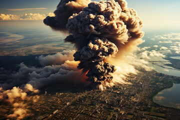 an explosion in the sky with smoke and steam coming from it's chimneys, as seen from above - obrazy, fototapety, plakaty