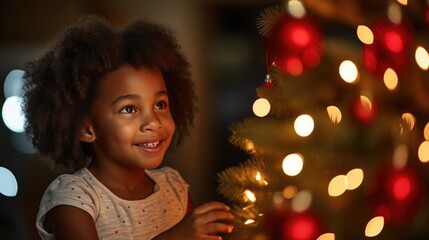 Little girl looking at camera excited smile with Christmas Tree decoration in living room night light, Hispanic child hold beautiful red christmas gift standing in front of family dinner party at home - obrazy, fototapety, plakaty