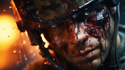 Soldier with bloodied face and helmet.
