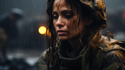 Soldier woman in rain with a thoughtful gaze.