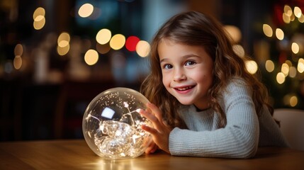 Fototapeta premium Little girl looking at camera excited smile with Christmas Tree decoration in living room night light, Hispanic child hold beautiful red christmas gift standing in front of family dinner party at home