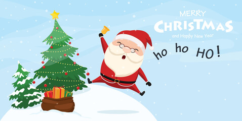 Merry Christmas and happy new year banner with cute Santa Claus cartoon	
