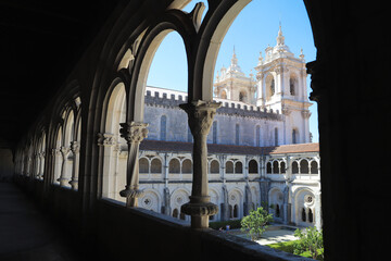 The interior of the historic Alcobasa Monastery with columns and arches, Portugal