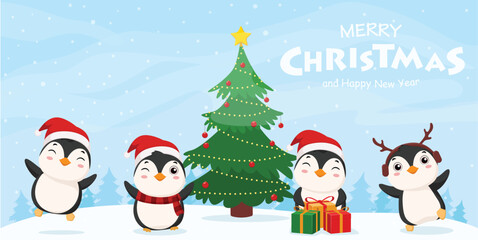 Merry Christmas and happy new year banner with set of cute penguin cartoon
