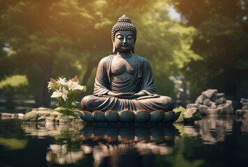 Buddha statue on nature background - obrazy, fototapety, plakaty