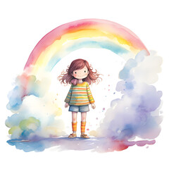 Obraz na płótnie Canvas watercolour illustration, cute drawing of little girl standing in the middle of the clouds and the rainbow, cartoon