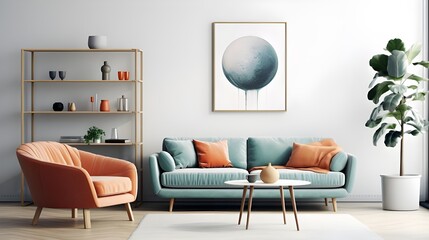 colorful sofa in blue and orange in a living room, in the style of romanticized seascapes, geometric minimalistic, muted earth tones, light teal, precisionist art, minimalistic and clean